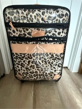 Jon Hart Leopard Rolling Luggage with Natural Leather Trim